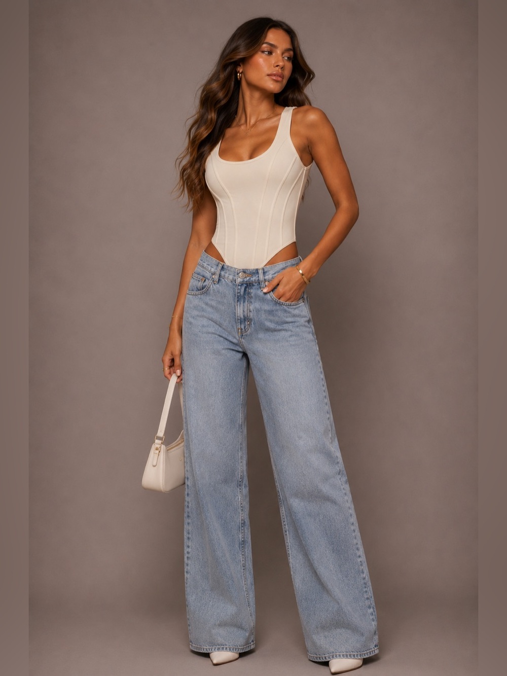 Cream Ribbed Scoop-Neck Bodysuit Top